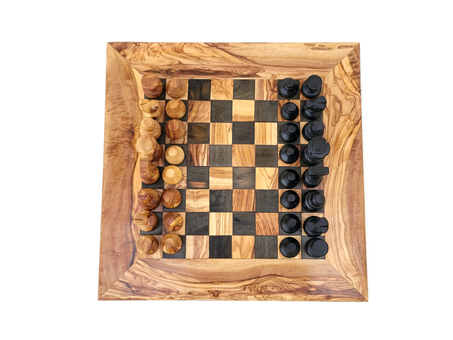 squared Olive Wood and Black Resin Chessboard with Storage Drawers and Playing Pieces