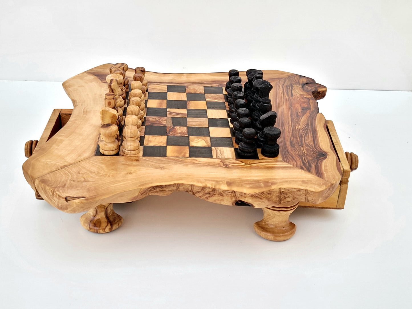 Personalized Olive Wood Chessboard with Storage Drawers and Playing Pieces