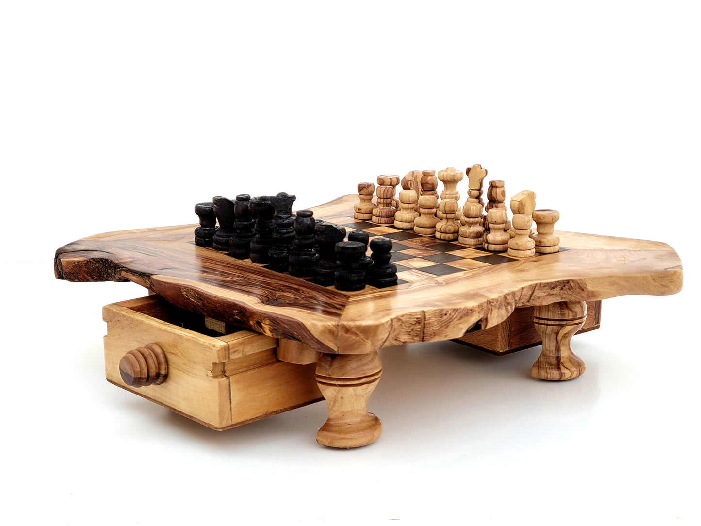 Personalized Olive Wood Chessboard with Storage Drawers and Playing Pieces