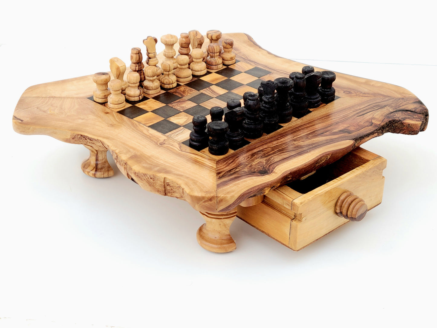 Personalized Olive Wood Chessboard with Storage Drawers and Playing Pieces