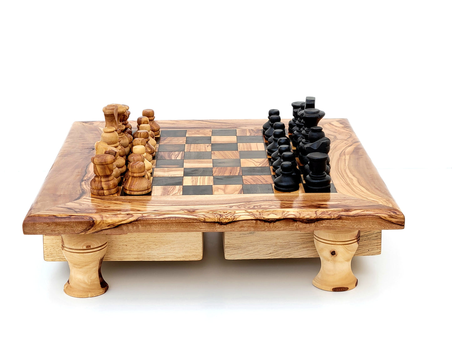 squared Olive Wood and Black Resin Chessboard with Storage Drawers and Playing Pieces