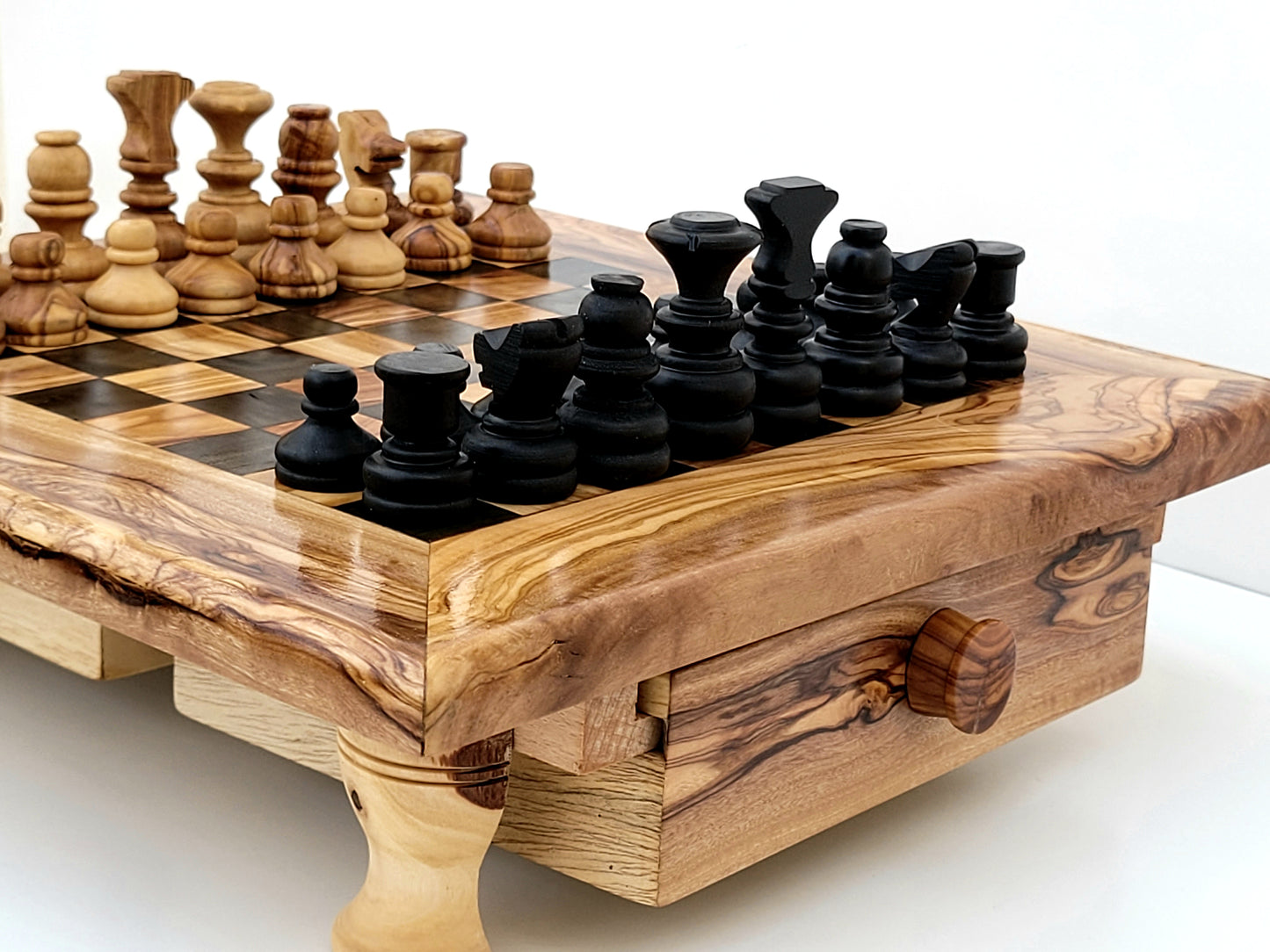 squared Olive Wood and Black Resin Chessboard with Storage Drawers and Playing Pieces