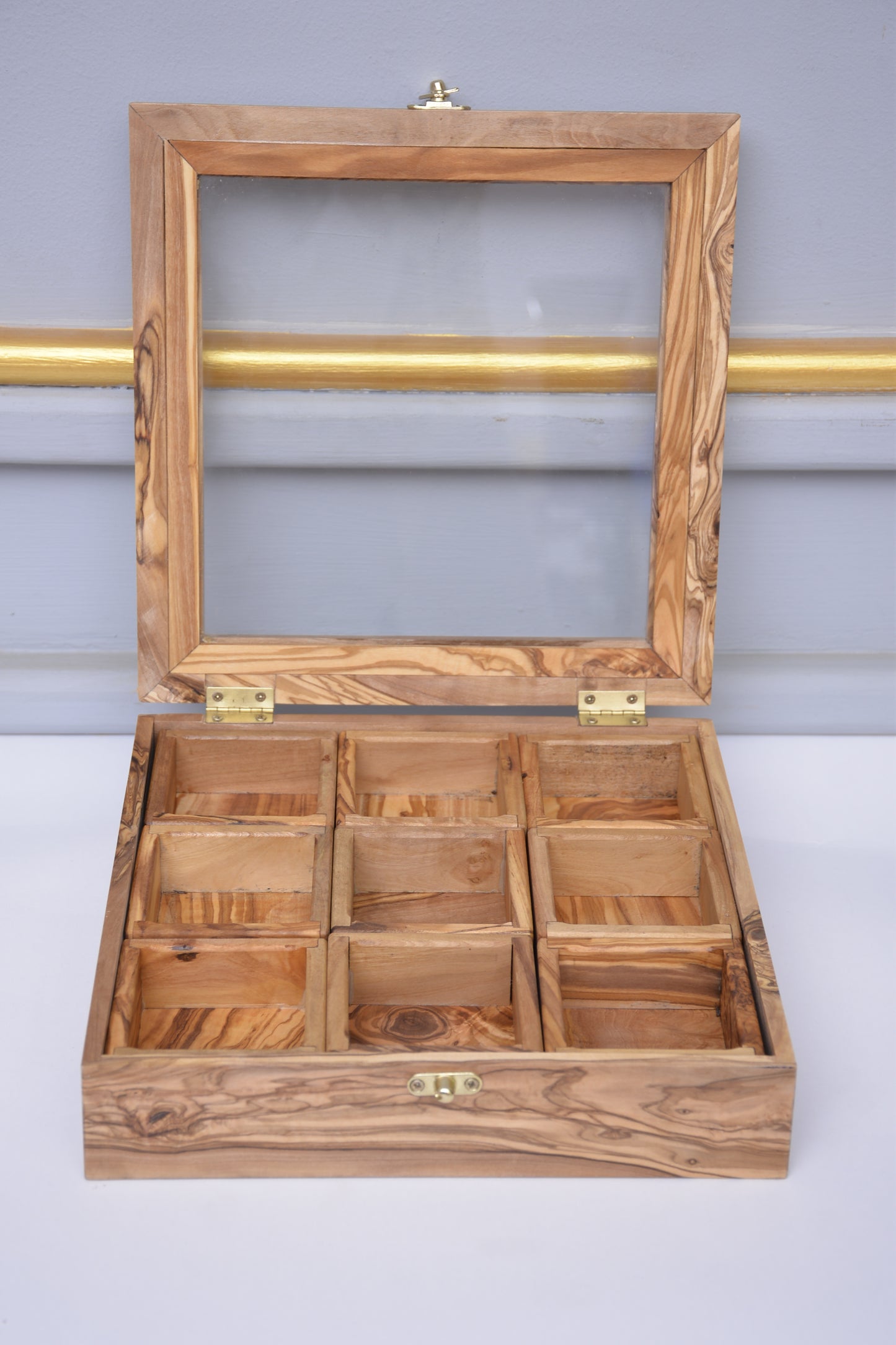 Handcrafted Olive Wood Tea & spices Box with 9 Compartments - Elegant Tea Organizer - spices organizer