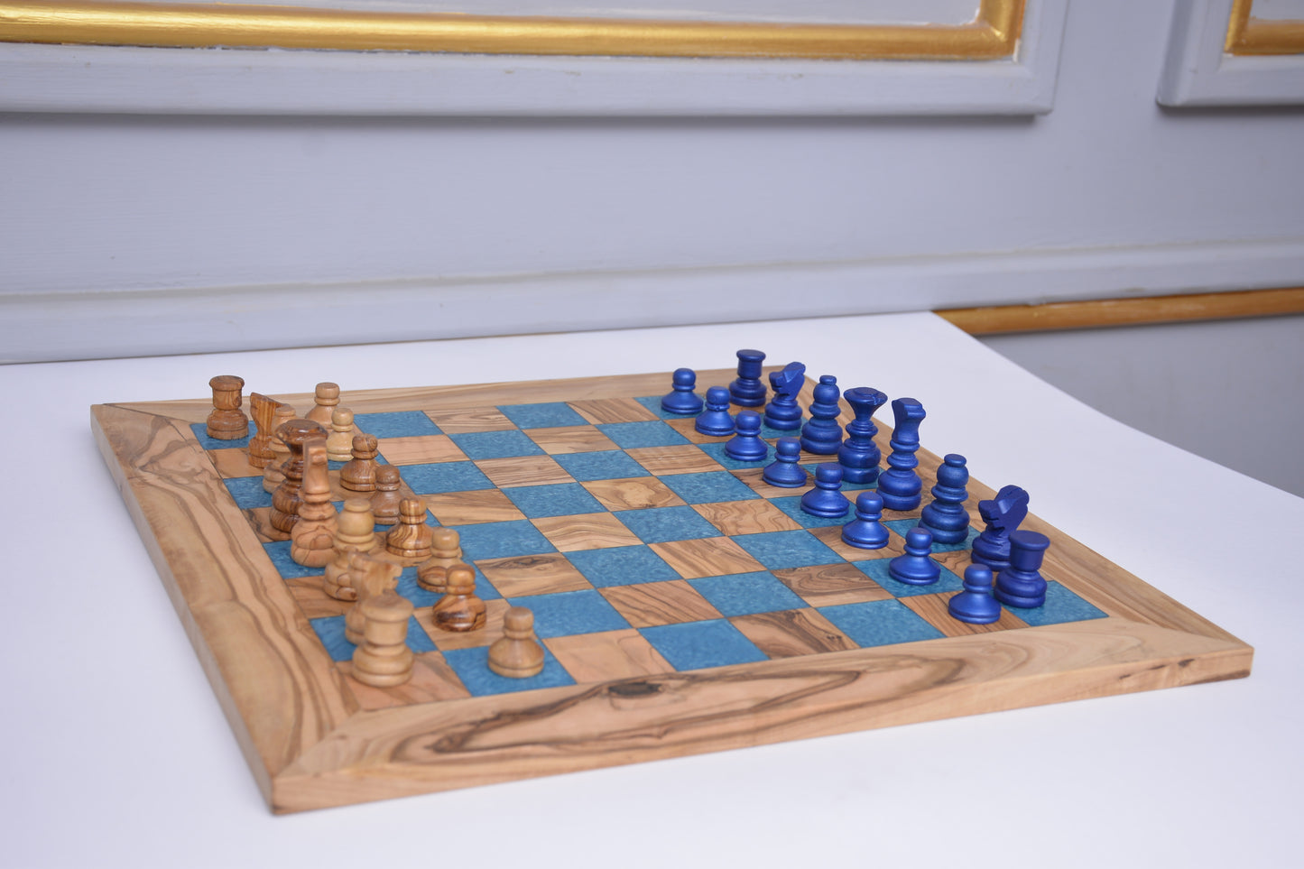 squared Olive Wood and Blue Resin Chessboard with  matching Playing Pieces