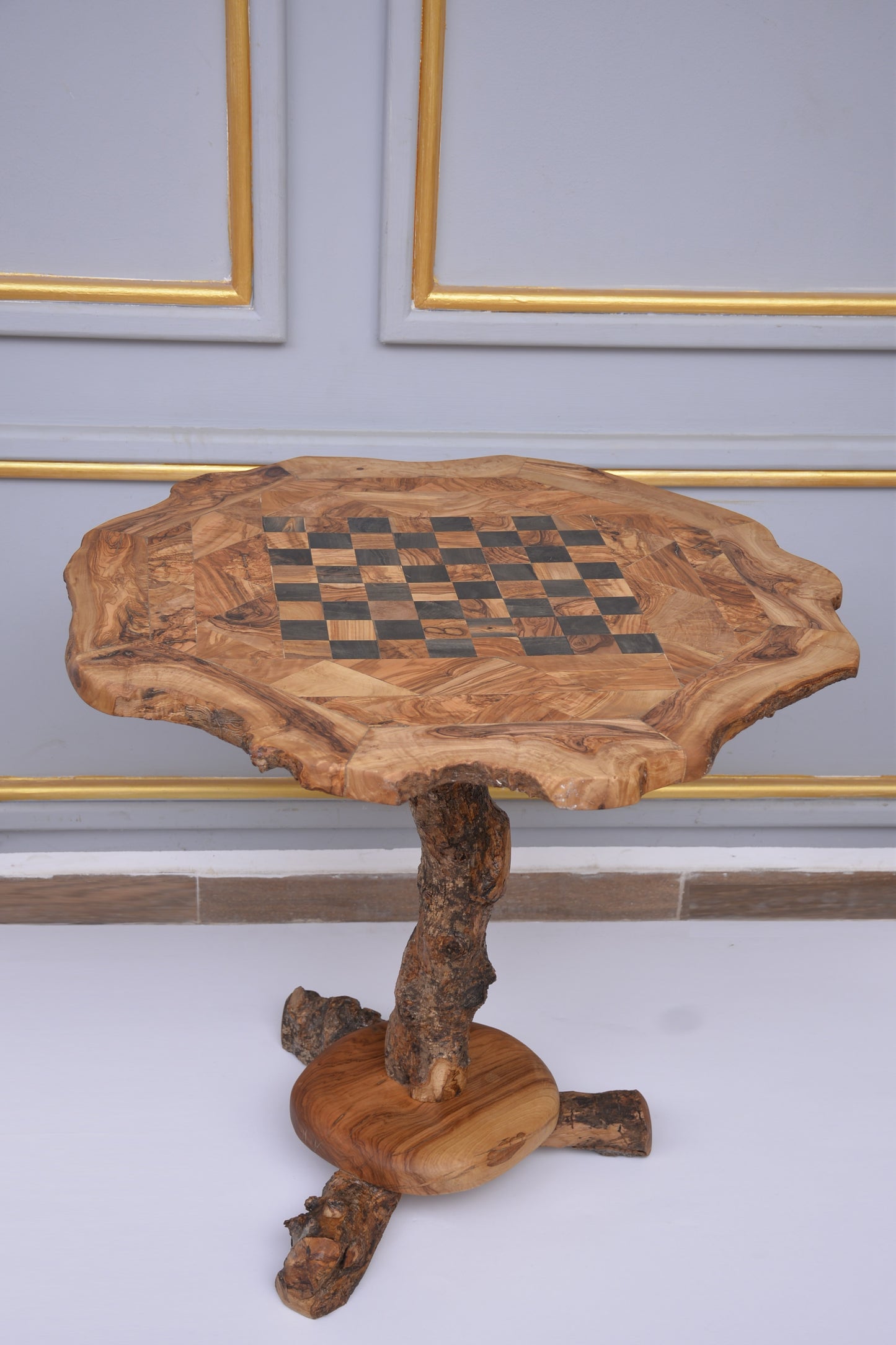 Large Chess Table with Built-in Storage and chess pieces ,Rustic Coffee Table Design – Natural Edge