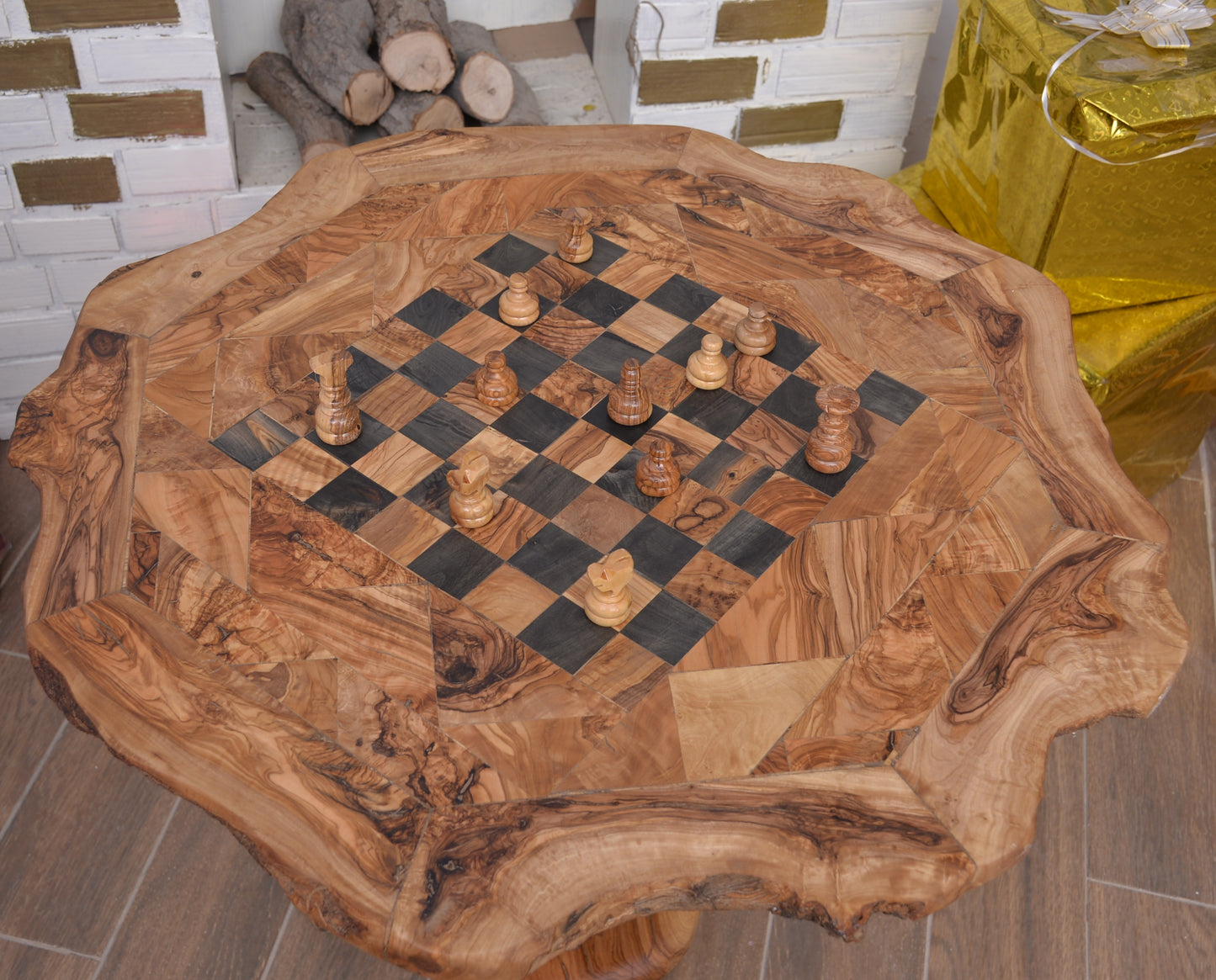 Large Chess Table with Built-in Storage and chess pieces ,Rustic Coffee Table Design – Natural Edge