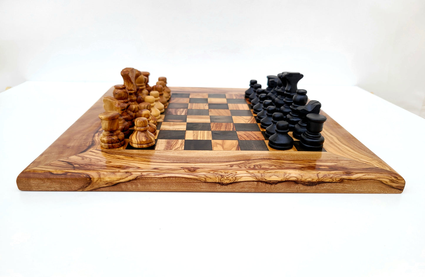 squared Olive Wood and Black Resin Chessboard and Playing Pieces