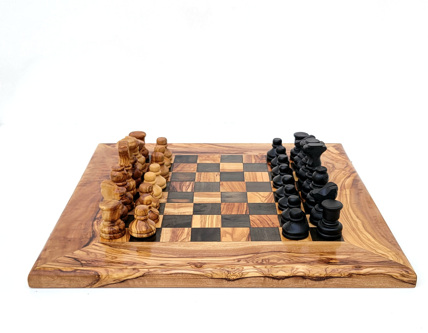 squared Olive Wood and Black Resin Chessboard and Playing Pieces