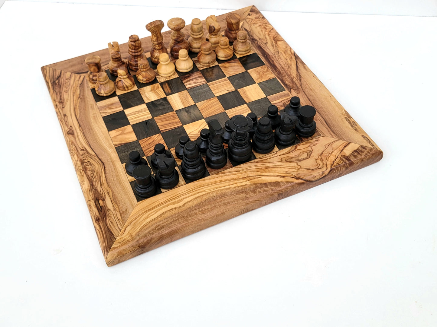 squared Olive Wood and Black Resin Chessboard and Playing Pieces