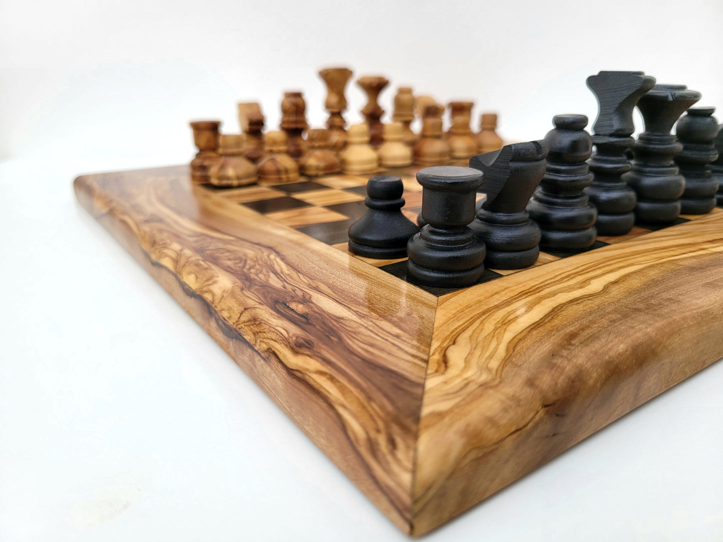 squared Olive Wood and Black Resin Chessboard and Playing Pieces