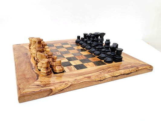 squared Olive Wood and Black Resin Chessboard and Playing Pieces