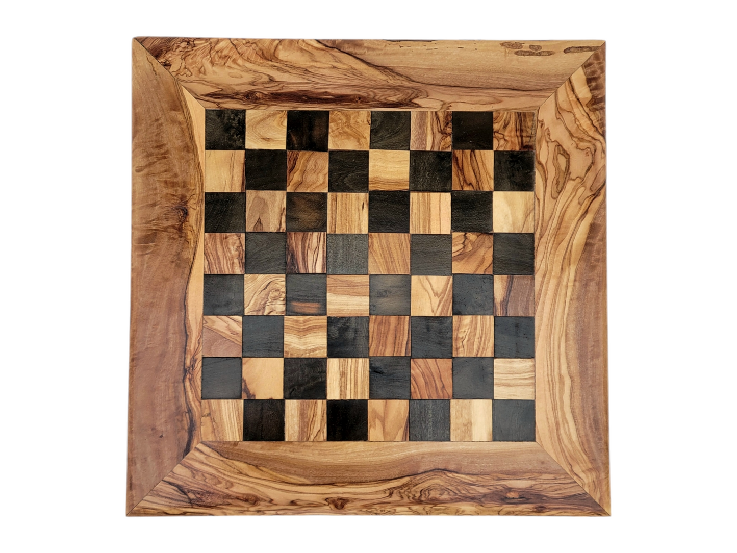 squared Olive Wood and Black Resin Chessboard and Playing Pieces