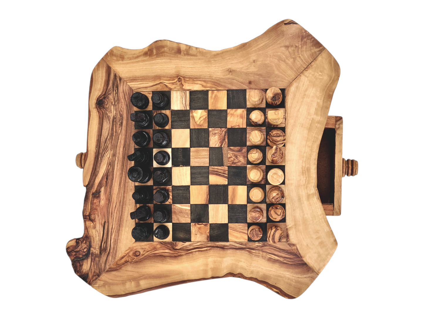 Personalized Olive Wood Chessboard with Storage Drawers and Playing Pieces