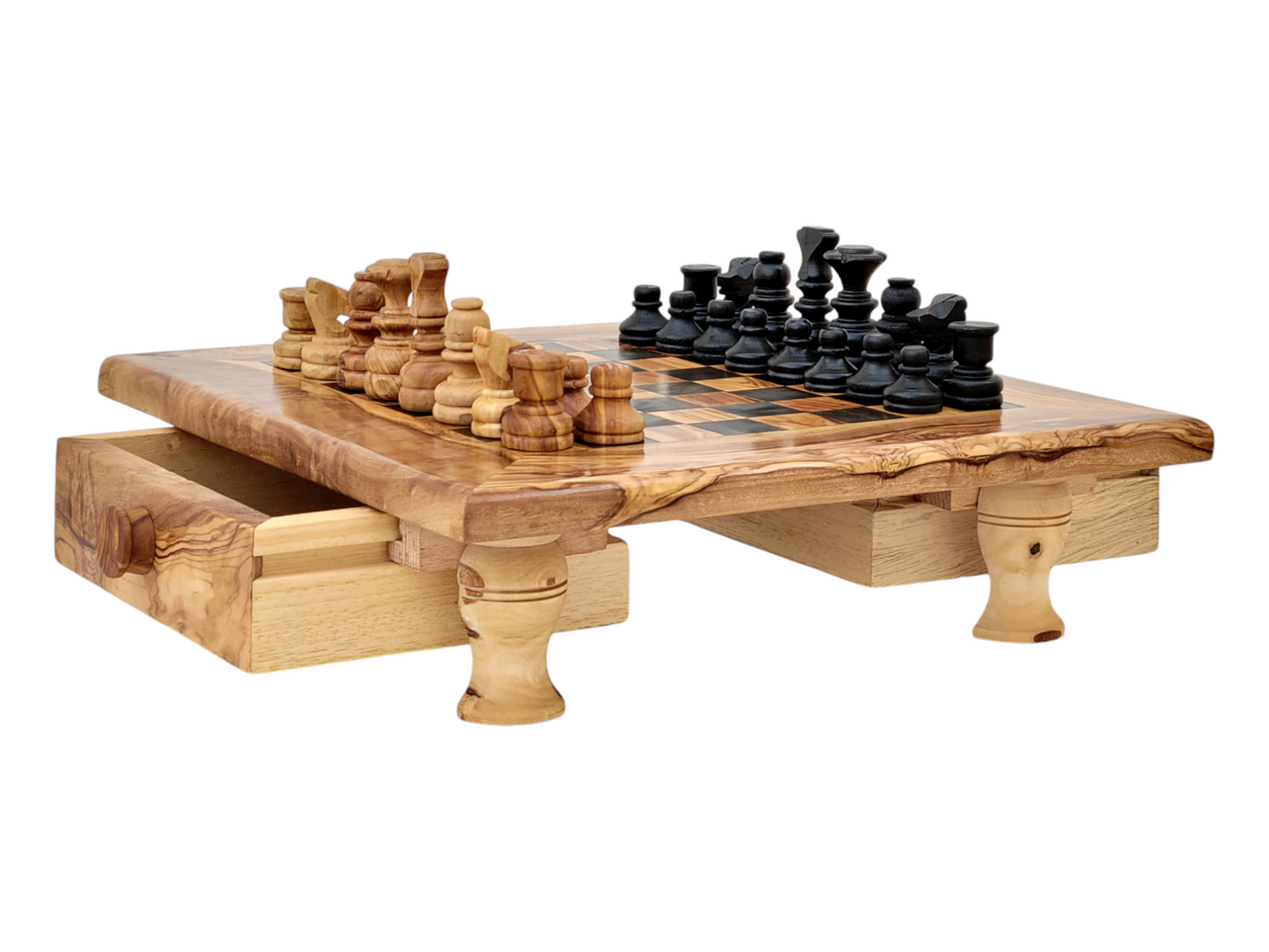 squared Olive Wood and Black Resin Chessboard with Storage Drawers and Playing Pieces