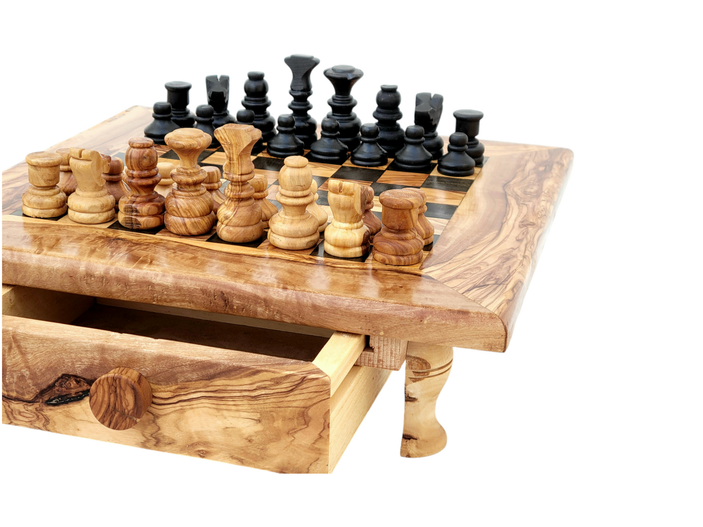 squared Olive Wood and Black Resin Chessboard with Storage Drawers and Playing Pieces