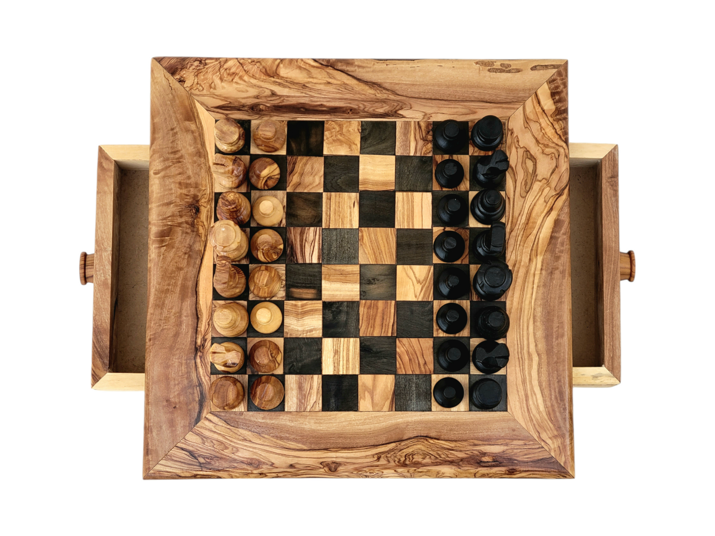 squared Olive Wood and Black Resin Chessboard with Storage Drawers and Playing Pieces