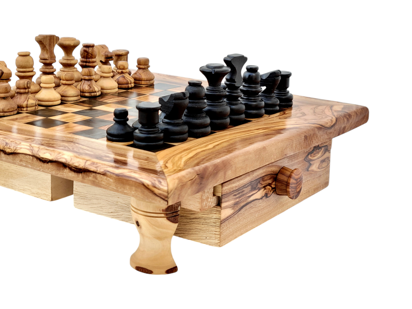 squared Olive Wood and Black Resin Chessboard with Storage Drawers and Playing Pieces