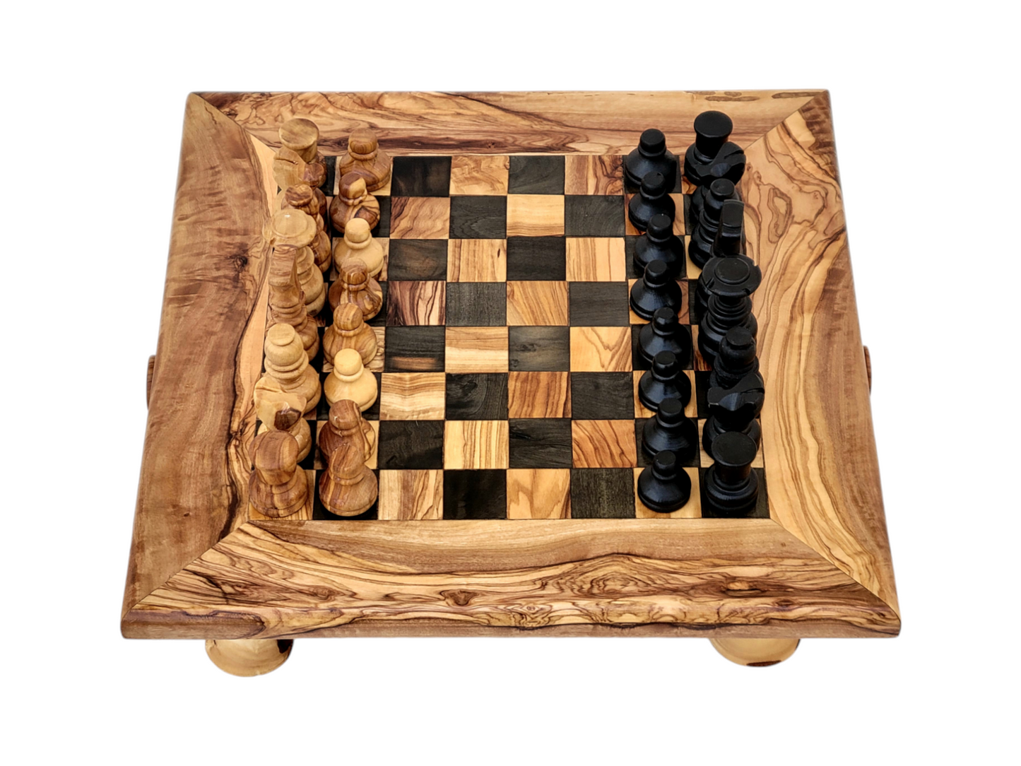 squared Olive Wood and Black Resin Chessboard with Storage Drawers and Playing Pieces