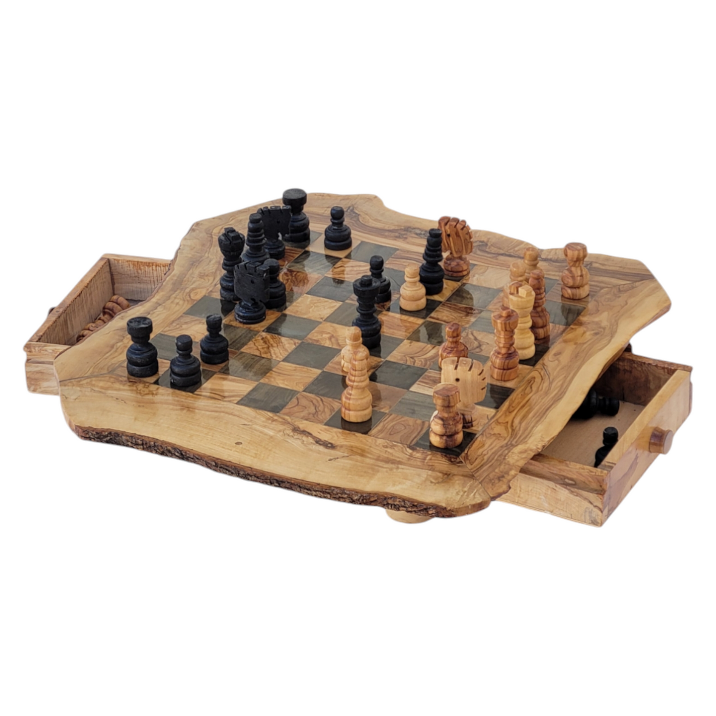 Large olivewood chess set : Chess board with live edges and chess pieces with storage drawers