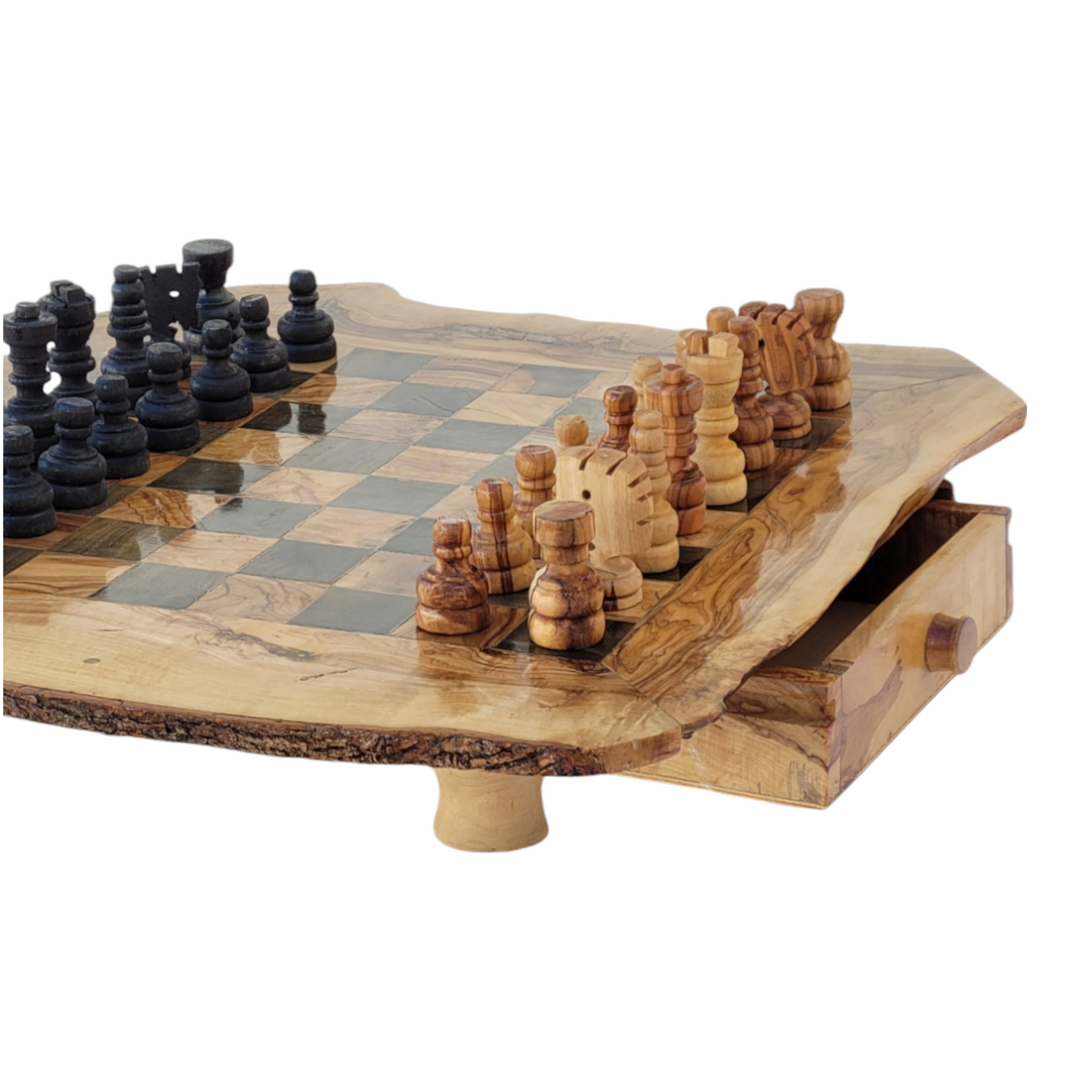 Large olivewood chess set : Chess board with live edges and chess pieces with storage drawers