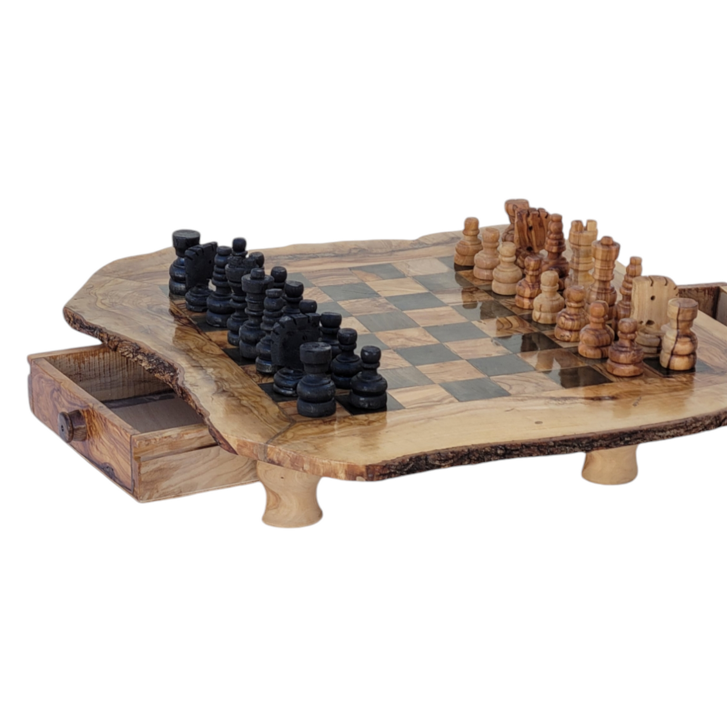 Large olivewood chess set : Chess board with live edges and chess pieces with storage drawers