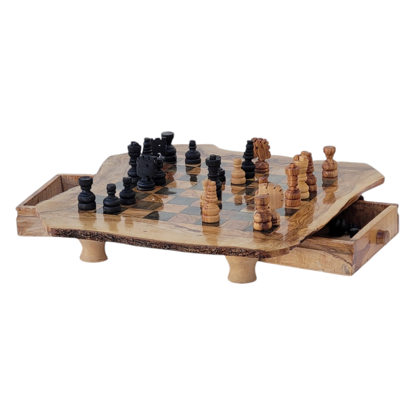 Large olivewood chess set : Chess board with live edges and chess pieces with storage drawers