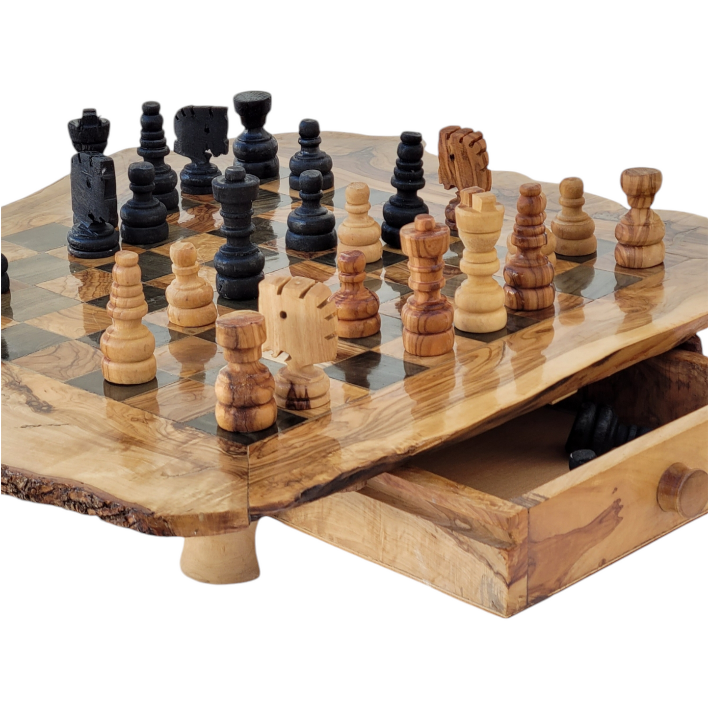 Large olivewood chess set : Chess board with live edges and chess pieces with storage drawers