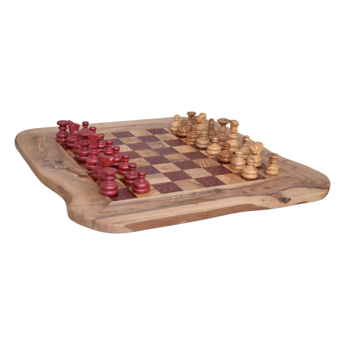 Olive Wood and Red Resin Chessboard with natural edges and Playing Pieces