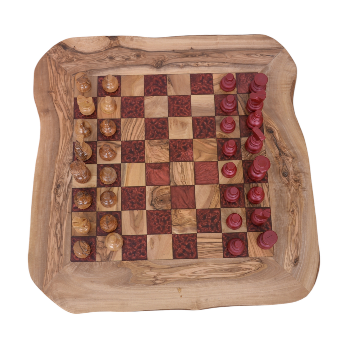 Olive Wood and Red Resin Chessboard with natural edges and Playing Pieces