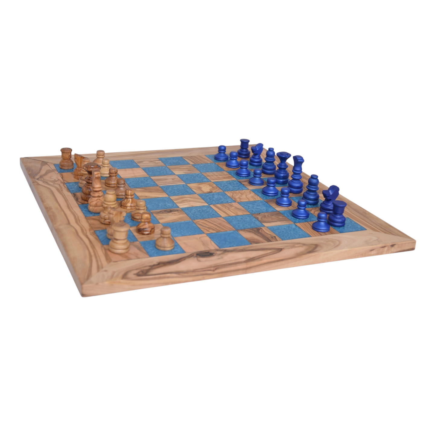 squared Olive Wood and Blue Resin Chessboard with  matching Playing Pieces