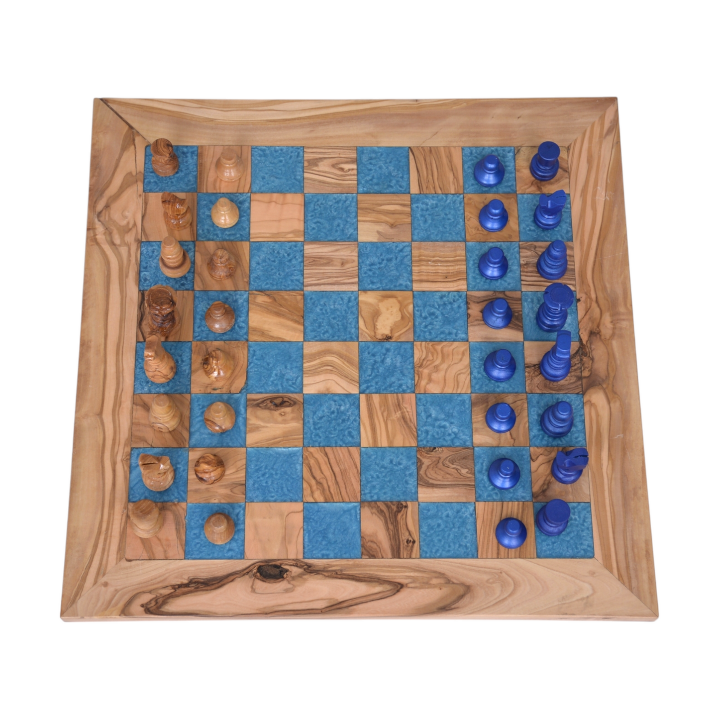 squared Olive Wood and Blue Resin Chessboard with  matching Playing Pieces