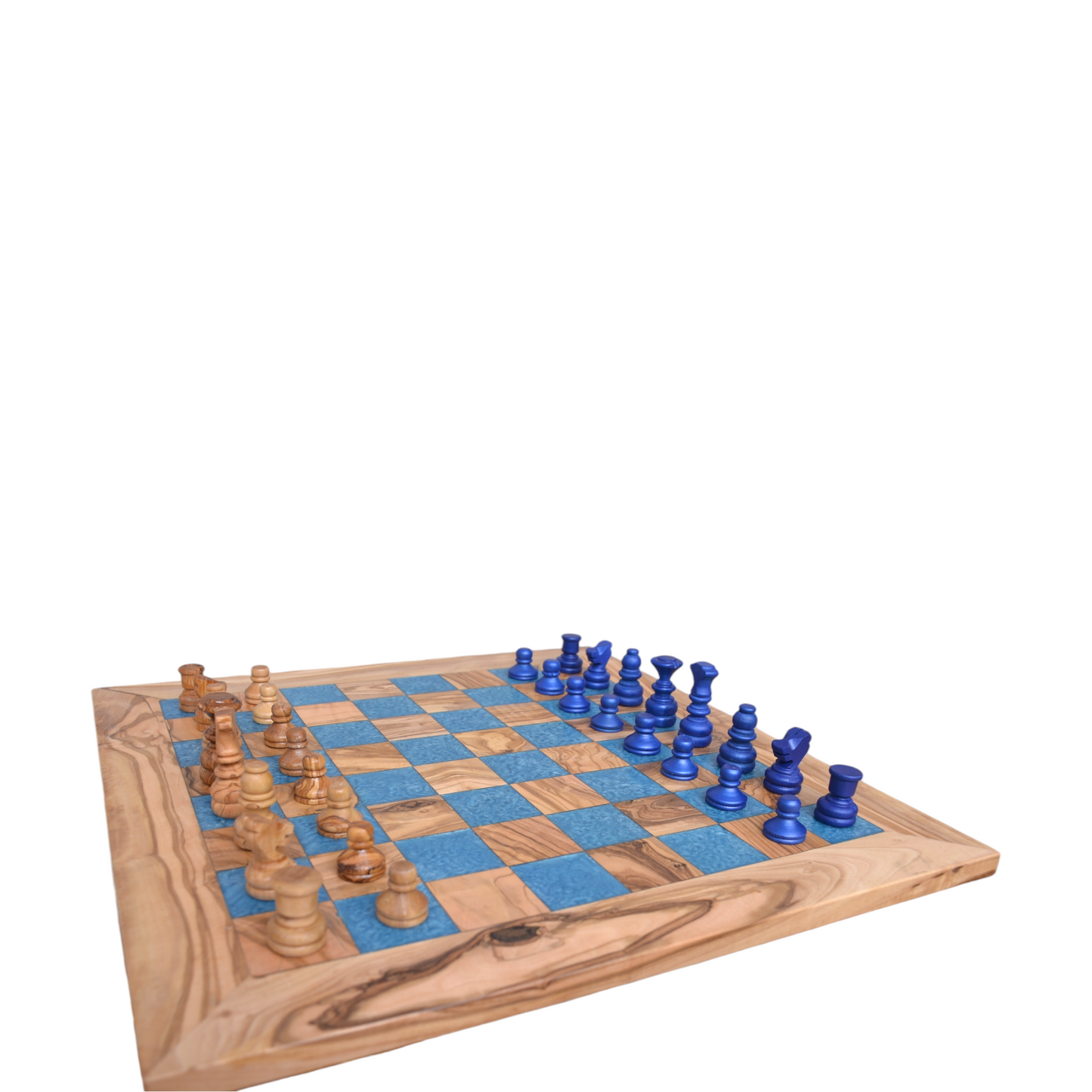 squared Olive Wood and Blue Resin Chessboard with  matching Playing Pieces