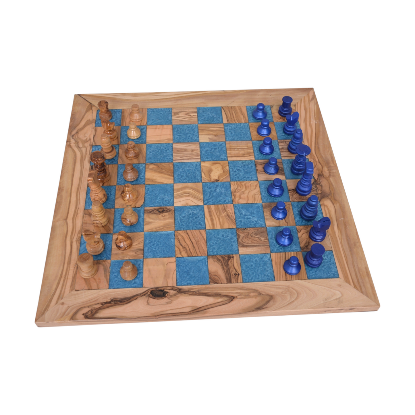 squared Olive Wood and Blue Resin Chessboard with  matching Playing Pieces