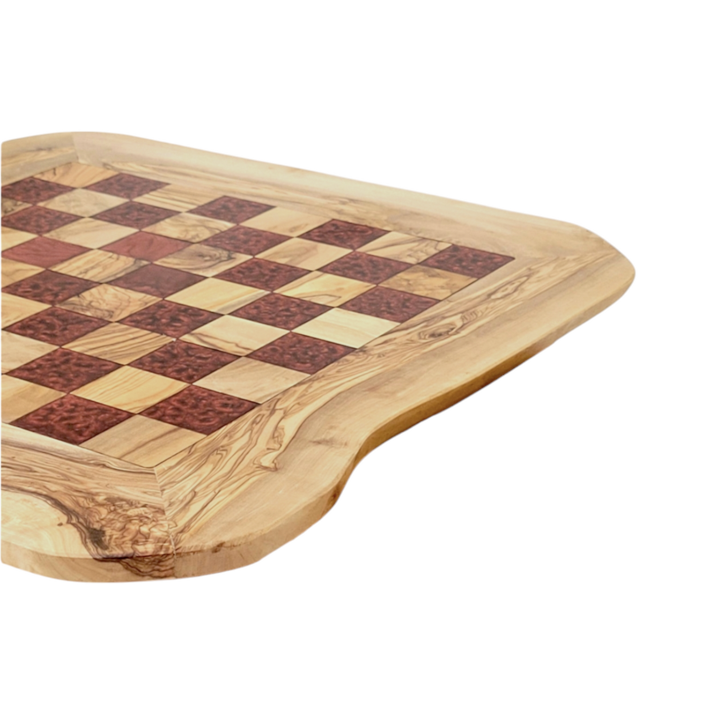 Olive Wood and Red Resin Chessboard with natural edges and Playing Pieces