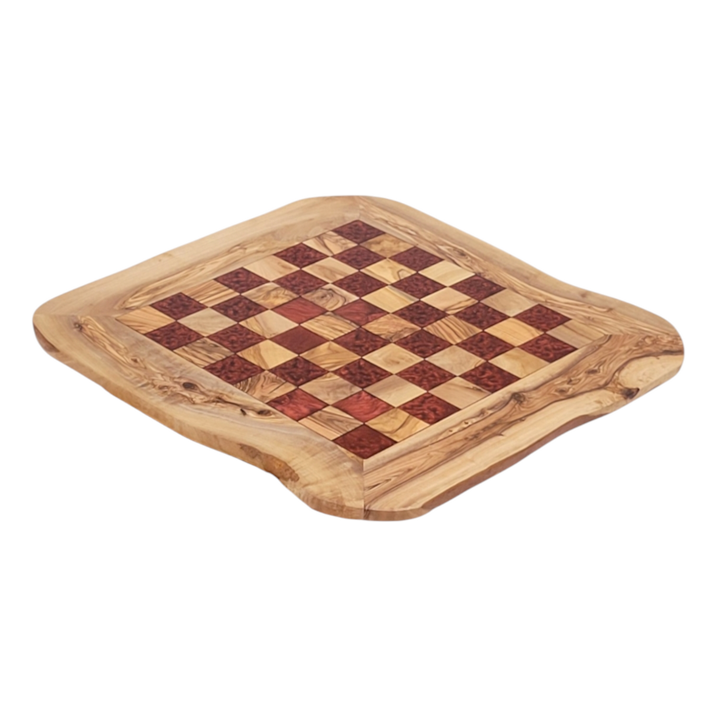 Olive Wood and Red Resin Chessboard with natural edges and Playing Pieces