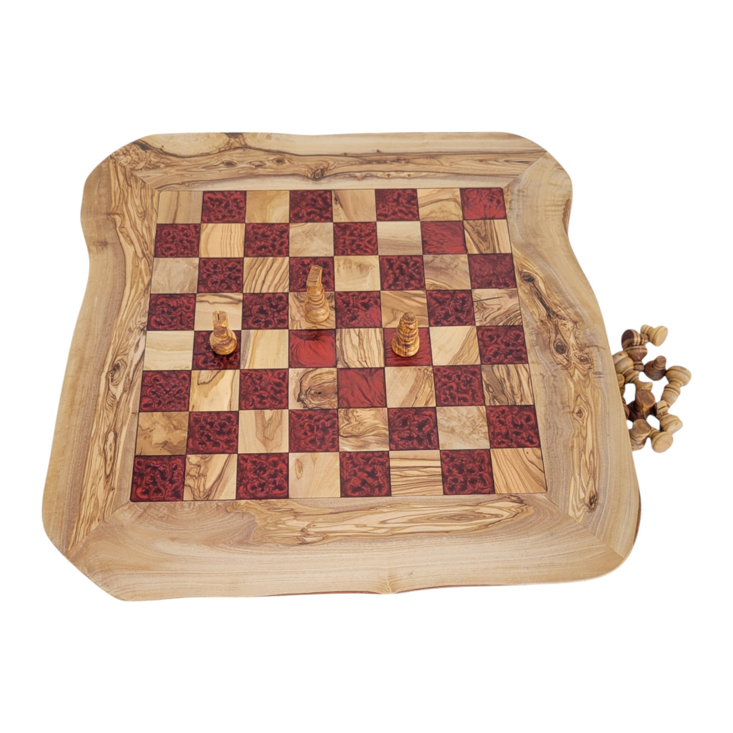 Olive Wood and Red Resin Chessboard with natural edges and Playing Pieces