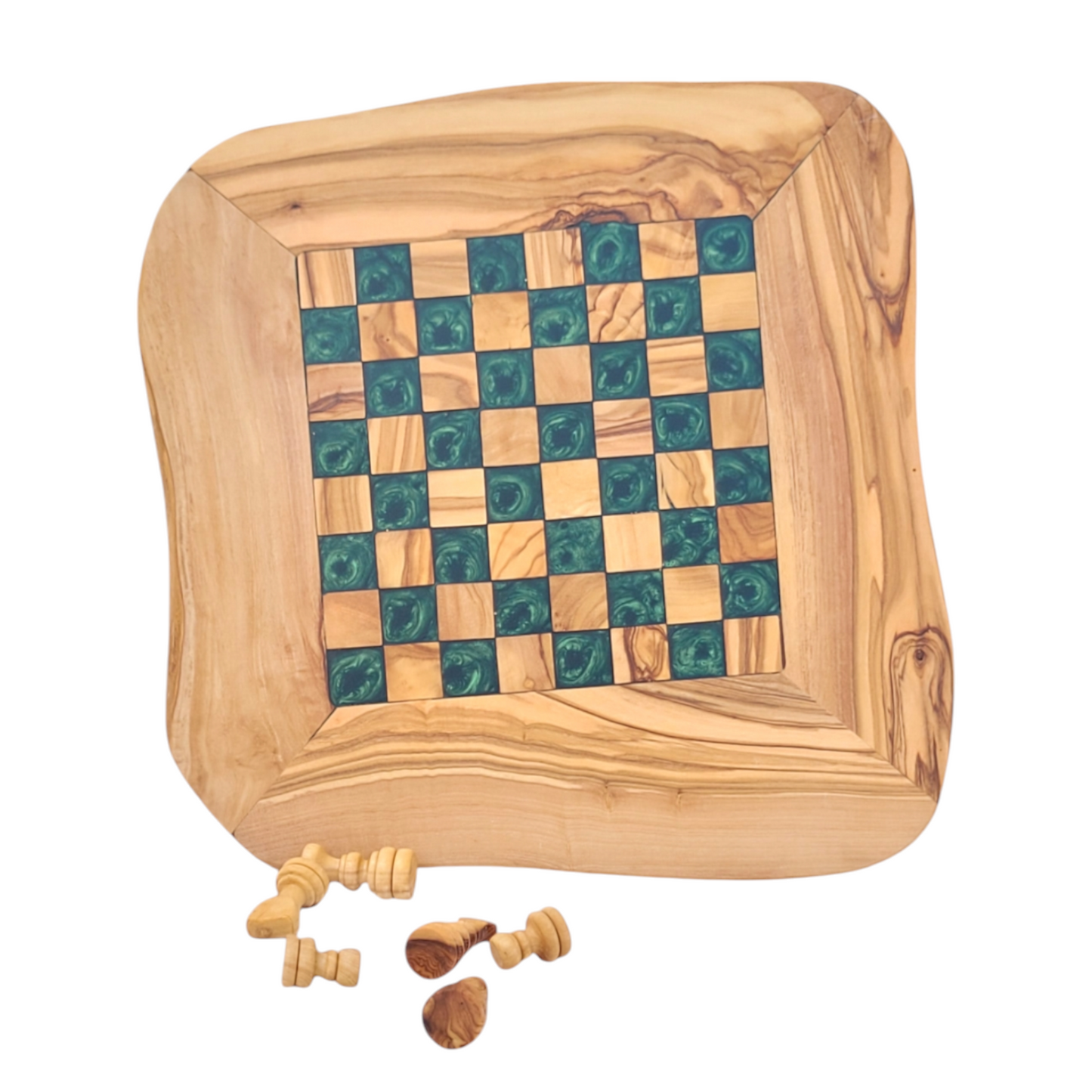 Olive Wood and Green Resin Chessboard with natural edges and Playing Pieces