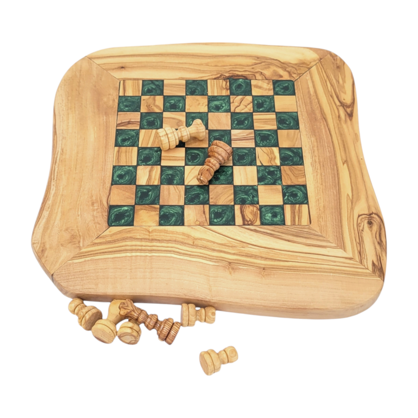 Olive Wood and Green Resin Chessboard with natural edges and Playing Pieces