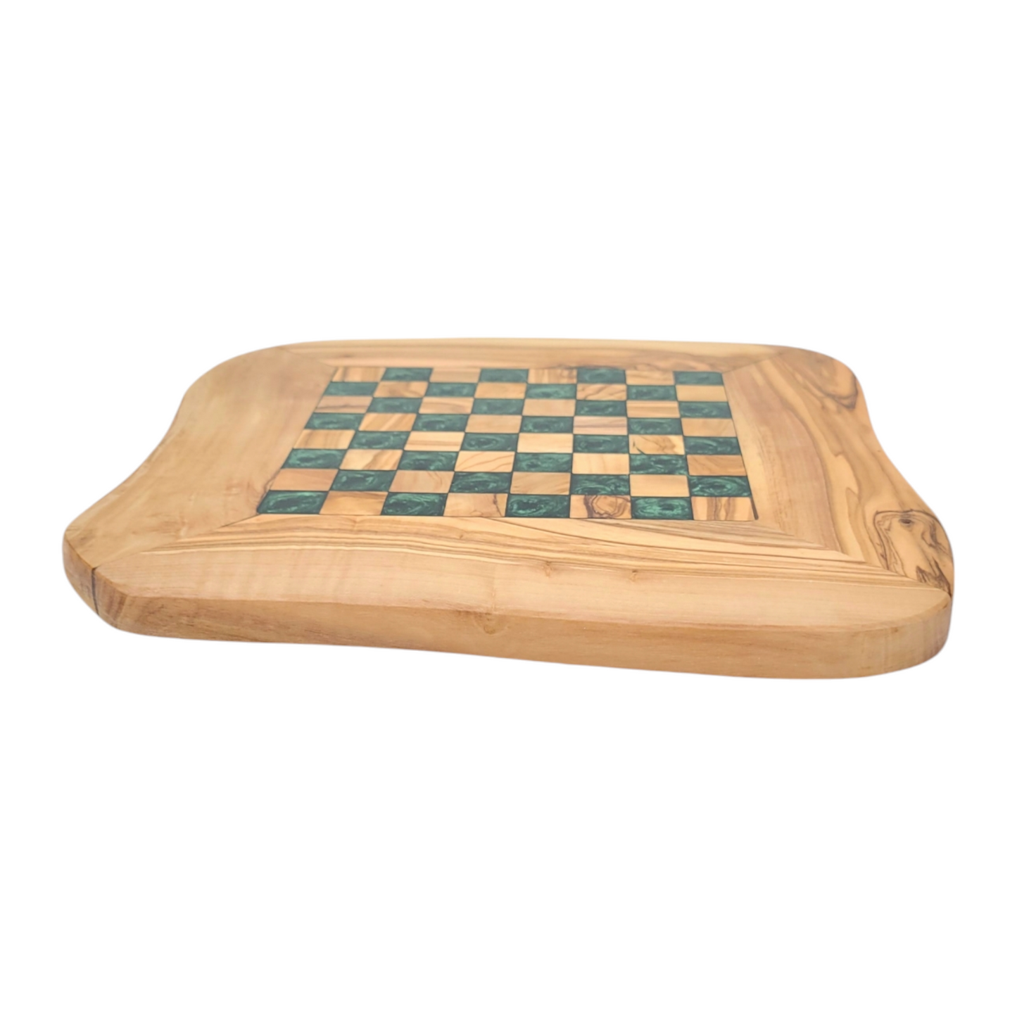 Olive Wood and Green Resin Chessboard with natural edges and Playing Pieces