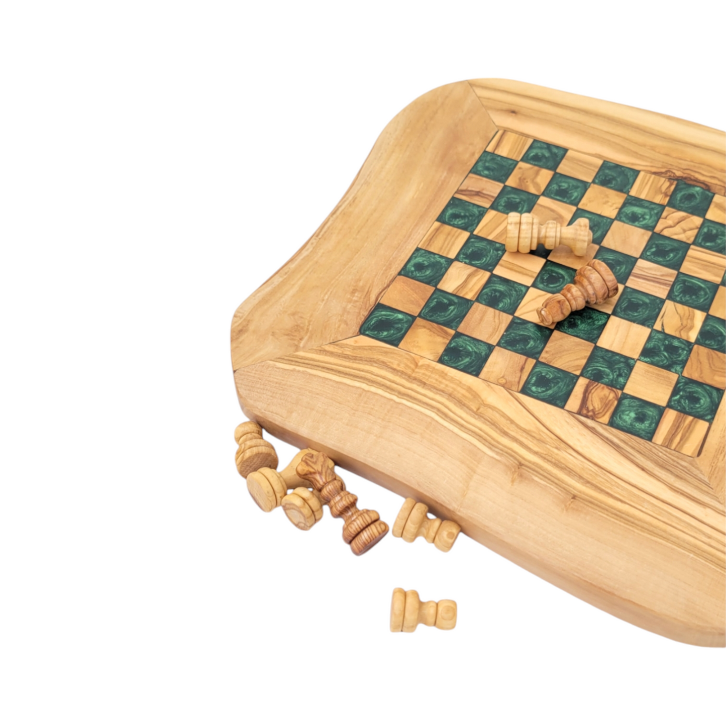 Olive Wood and Green Resin Chessboard with natural edges and Playing Pieces