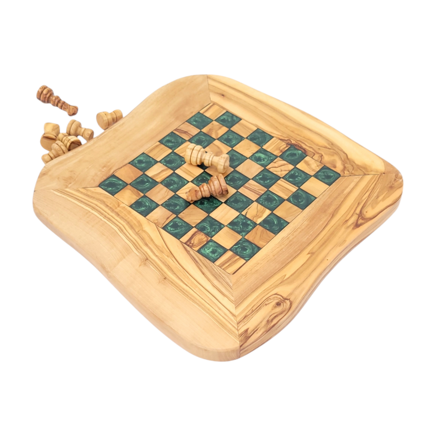 Olive Wood and Green Resin Chessboard with natural edges and Playing Pieces