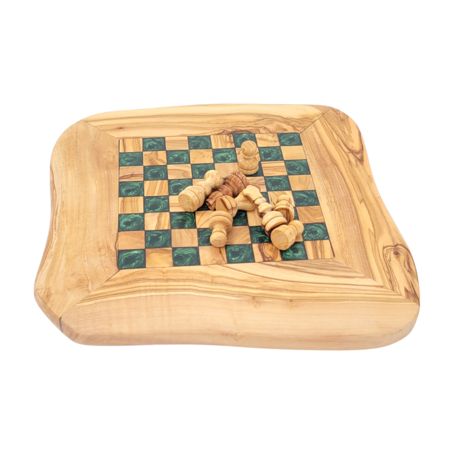 Olive Wood and Green Resin Chessboard with natural edges and Playing Pieces