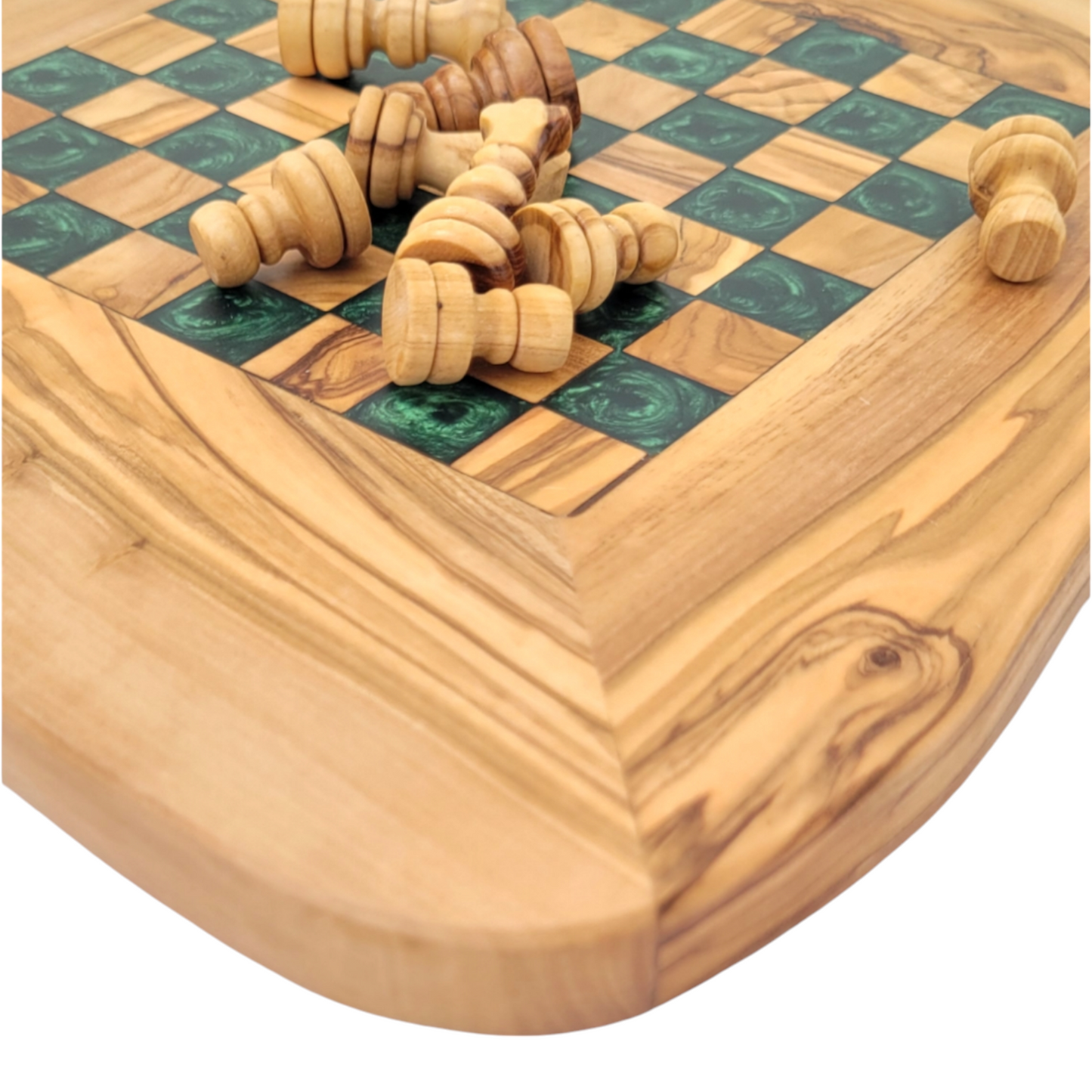 Olive Wood and Green Resin Chessboard with natural edges and Playing Pieces