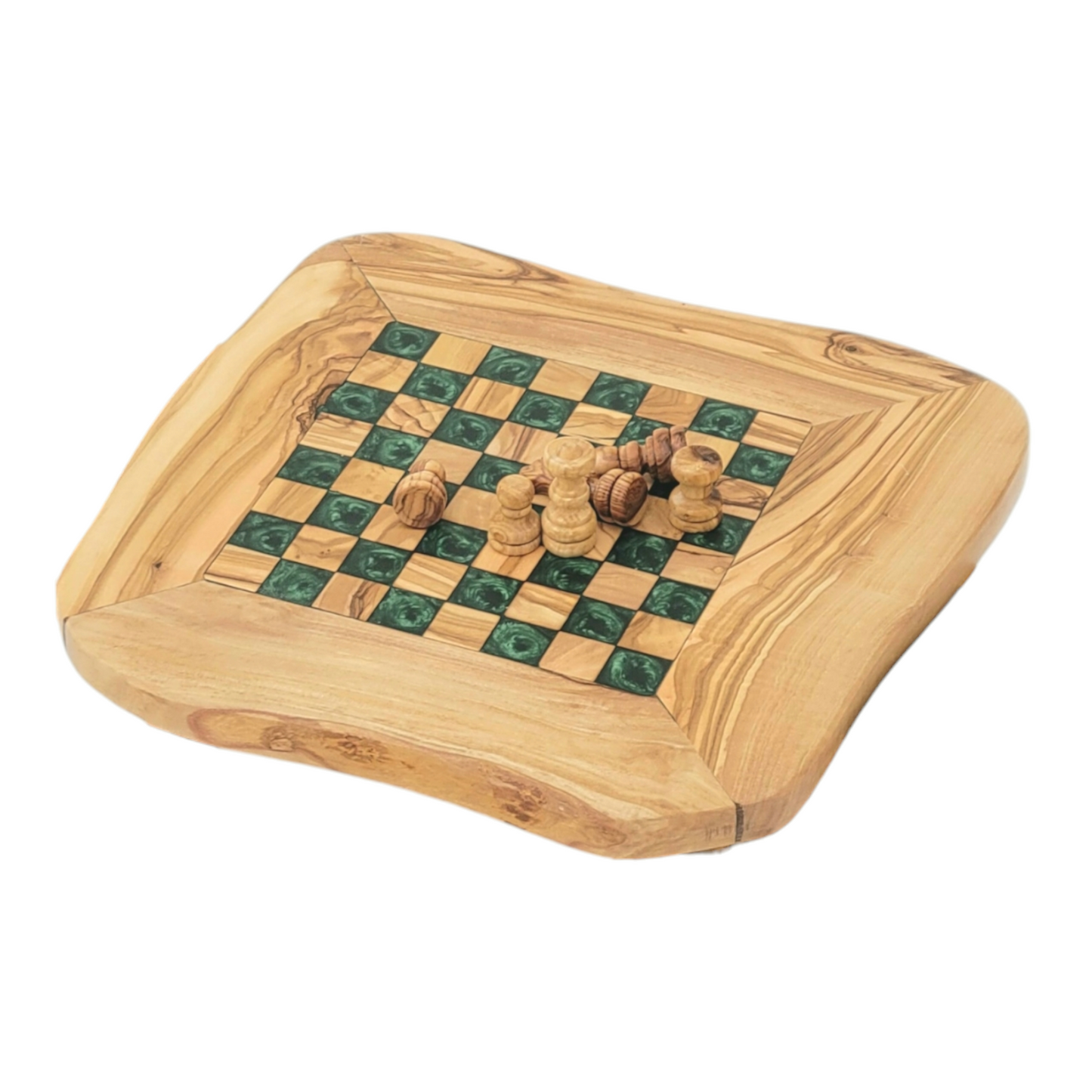 Olive Wood and Green Resin Chessboard with natural edges and Playing Pieces