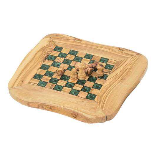 Olive Wood and Green Resin Chessboard with natural edges and Playing Pieces