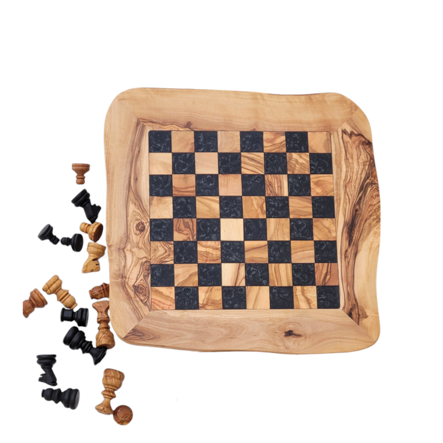 Olive Wood and black Resin Chessboard with natural edges and Playing Pieces