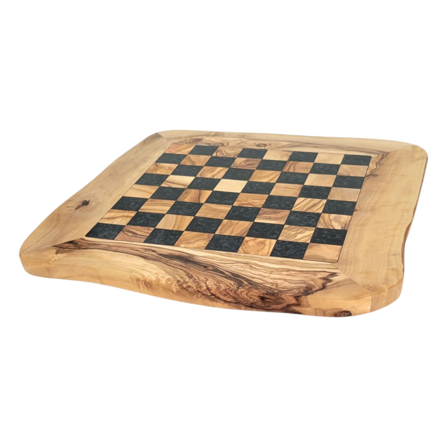 Olive Wood and black Resin Chessboard with natural edges and Playing Pieces