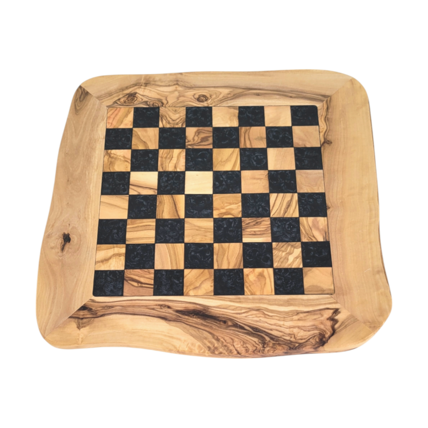 Olive Wood and black Resin Chessboard with natural edges and Playing Pieces