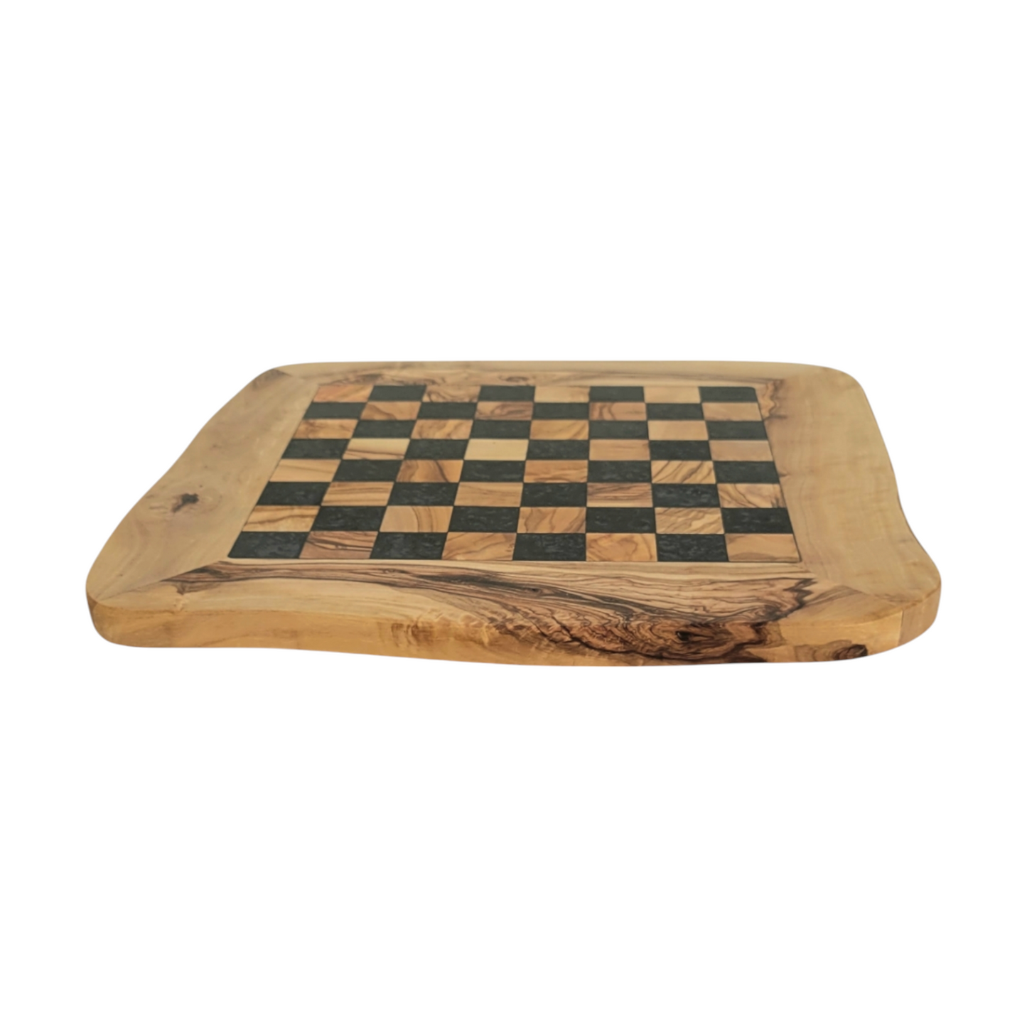 Olive Wood and black Resin Chessboard with natural edges and Playing Pieces