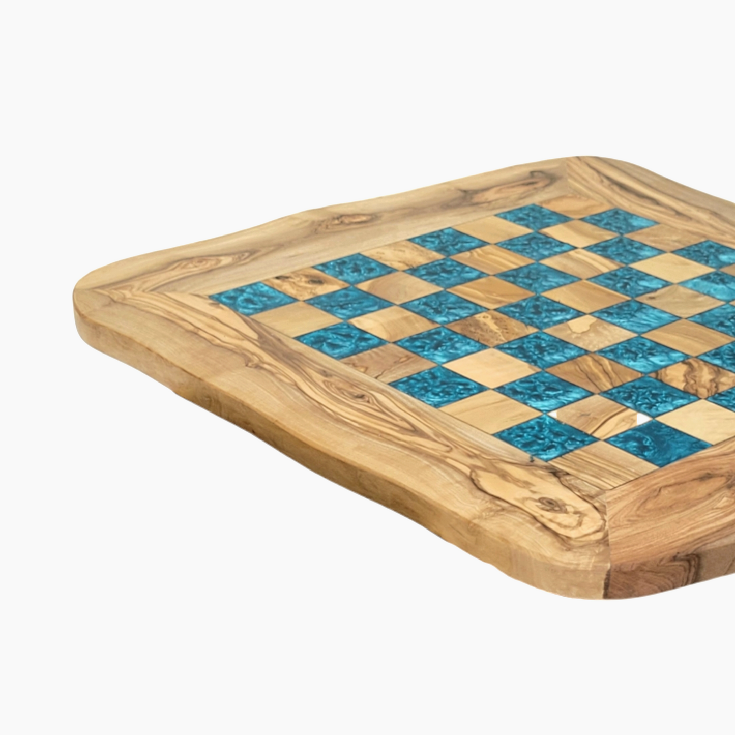 Olive Wood and blue Resin Chessboard with natural edges and Playing Pieces